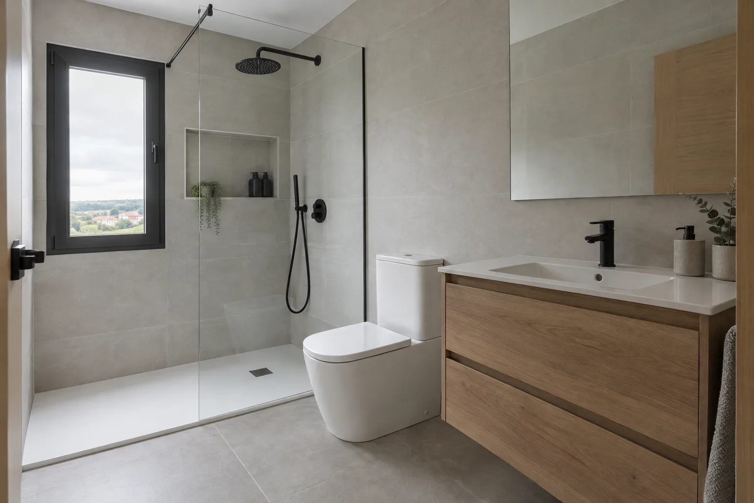 Baño reformado con plato extraplano y alicatado de gres gris