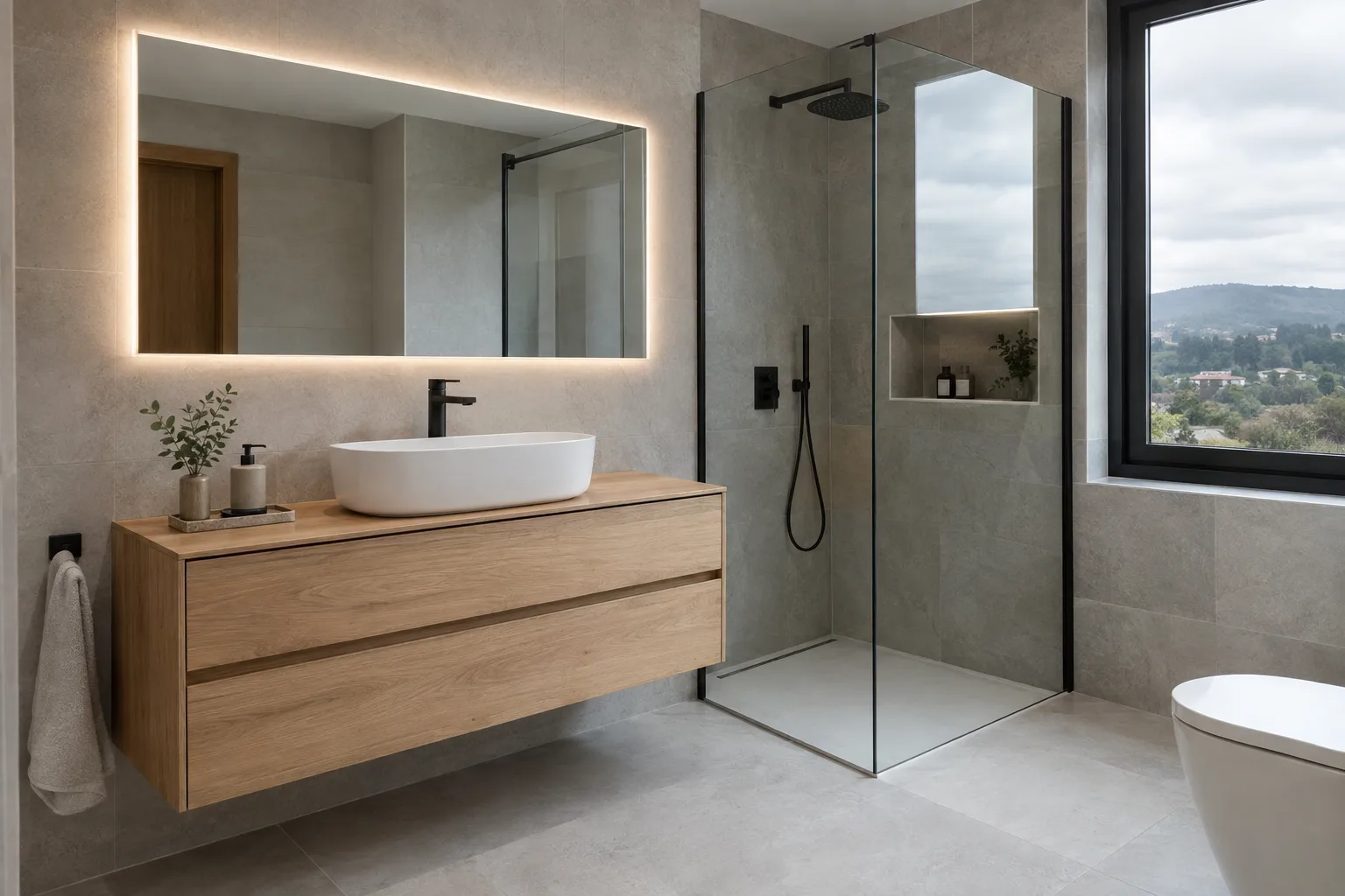 Mueble de baño suspendido con lavabo sobre encimera y espejo con luz