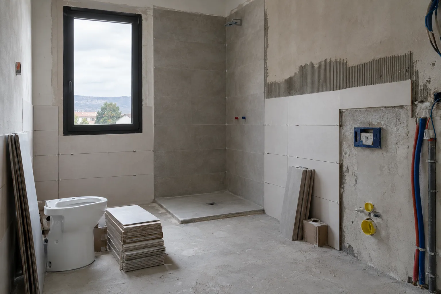 Baño en obra con el alicatado a medio colocar y las piezas apiladas