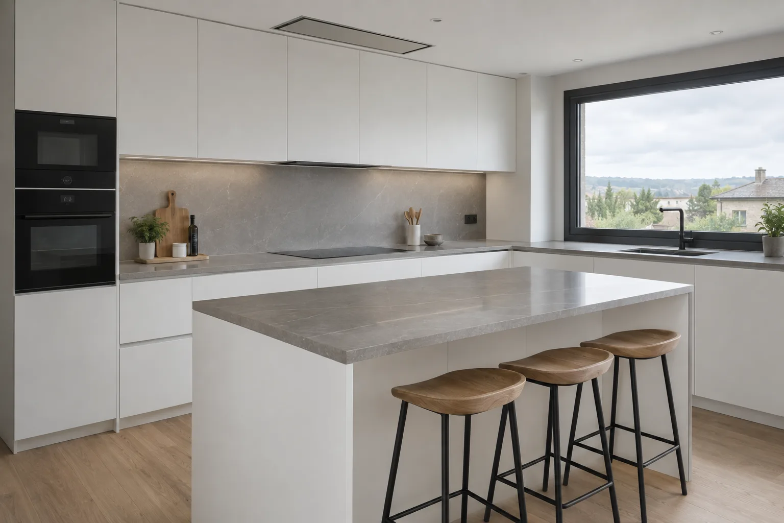Cocina terminada en blanco mate con encimera de porcelánico gris