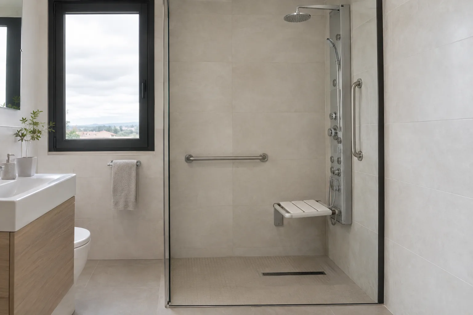 Ducha con barra de hidromasaje y asiento abatible de pared