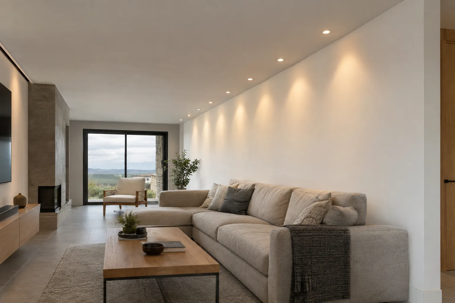 Luminarias empotradas en linea sobre una pared blanca lisa