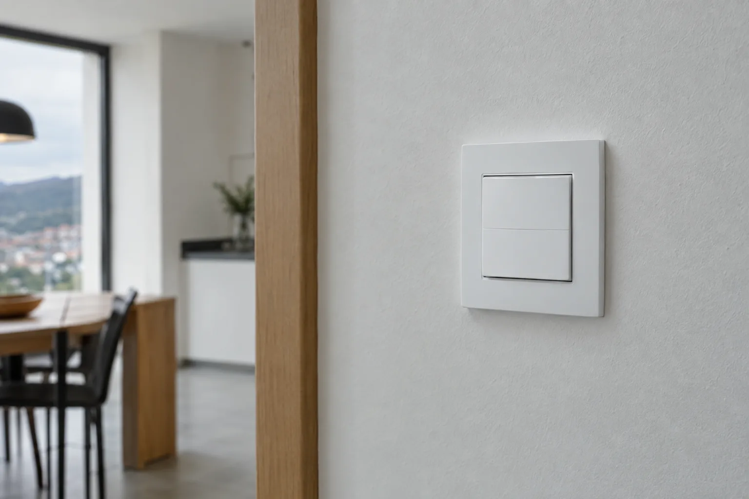 Mecanismo eléctrico recién instalado y a plomo sobre la pared