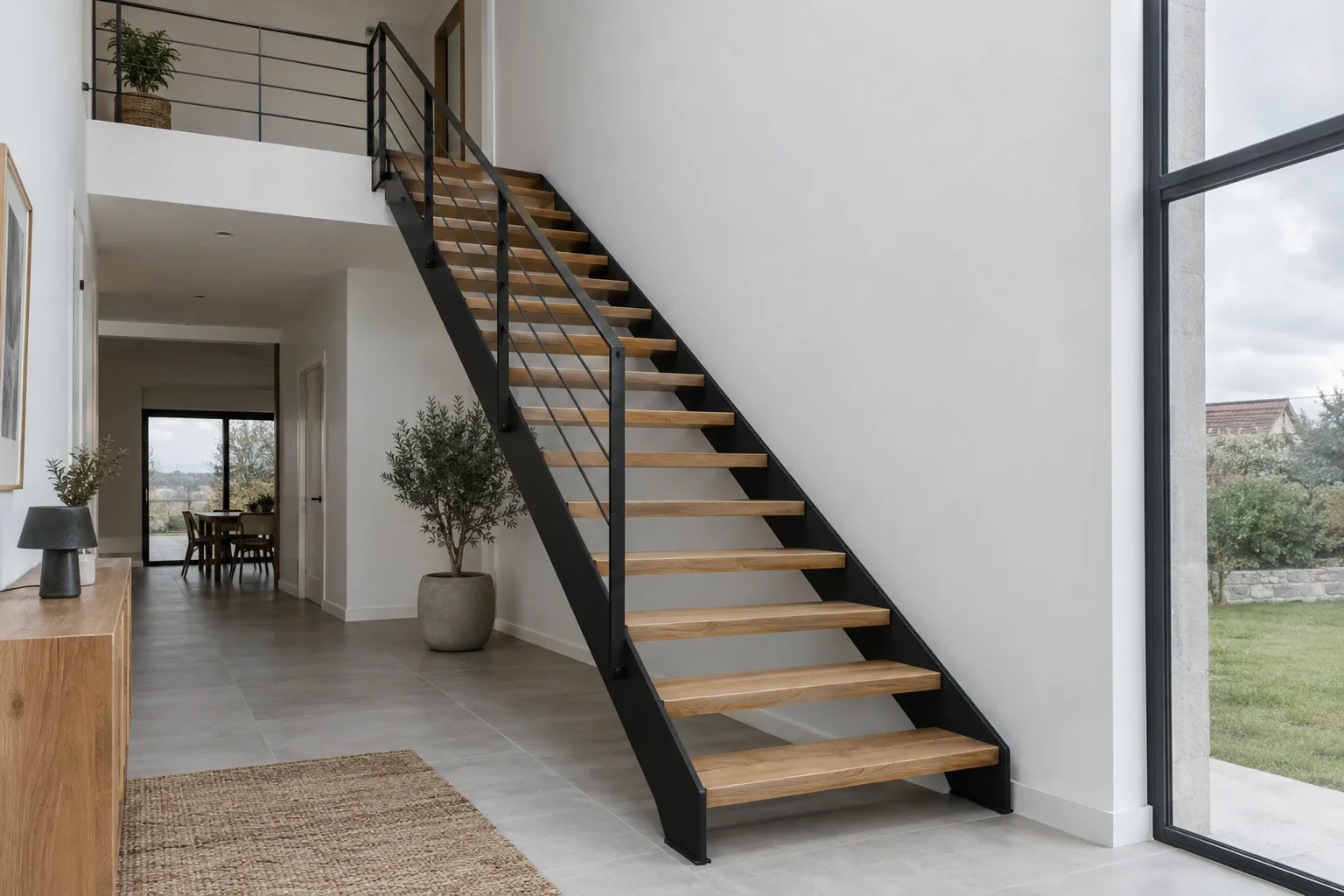 Escalera de estructura metálica negra con peldaños macizos de roble