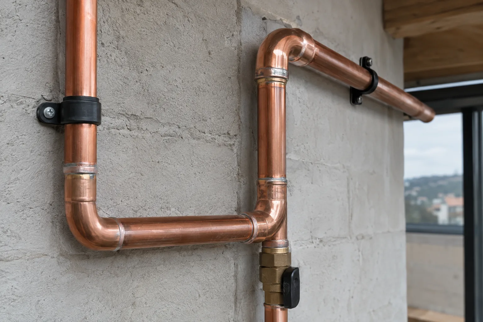 Detalle de un montaje de cobre con codos y soldaduras limpias