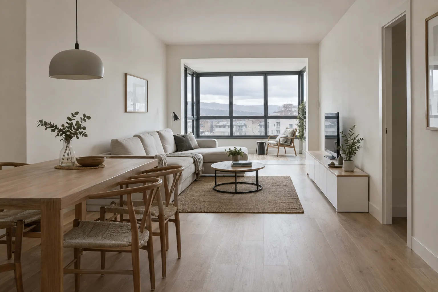 Salón comedor de un piso reformado por completo con galeria al fondo