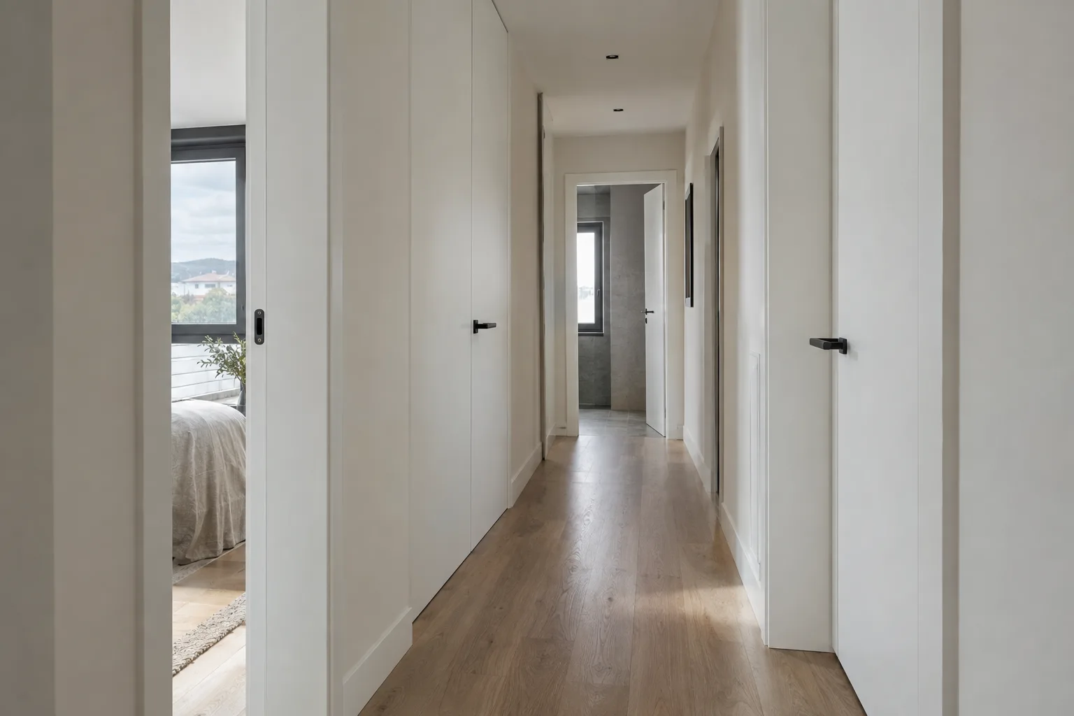 Pasillo reformado con puertas lacadas hasta el techo y suelo de madera