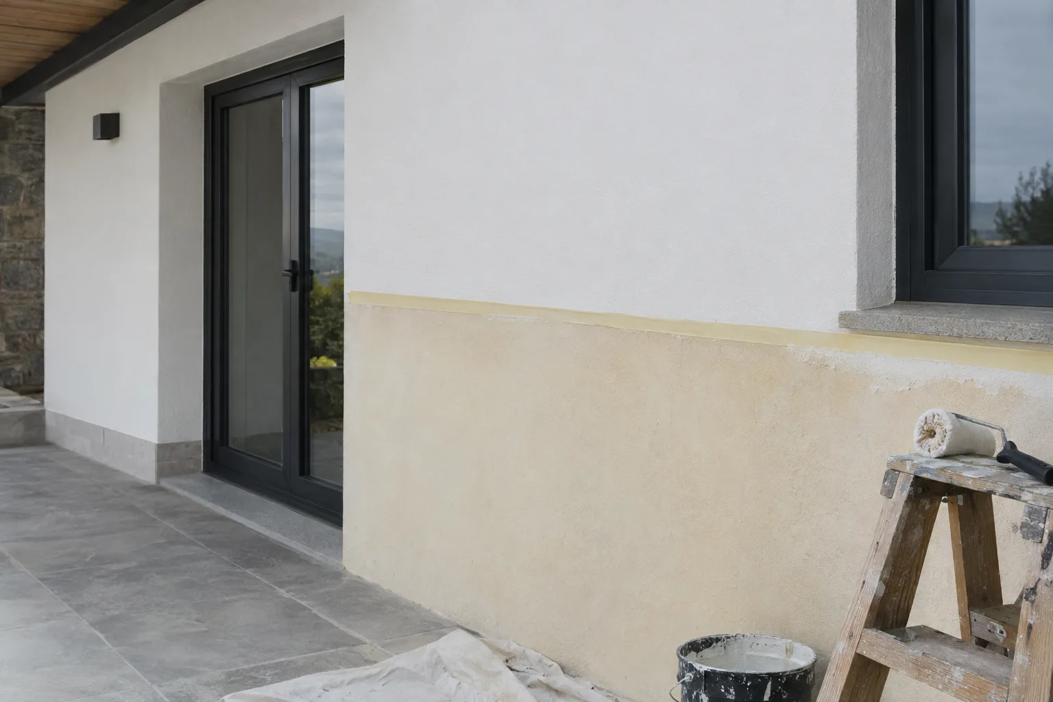Pared a medio pintar con el corte de la cinta marcando la capa nueva