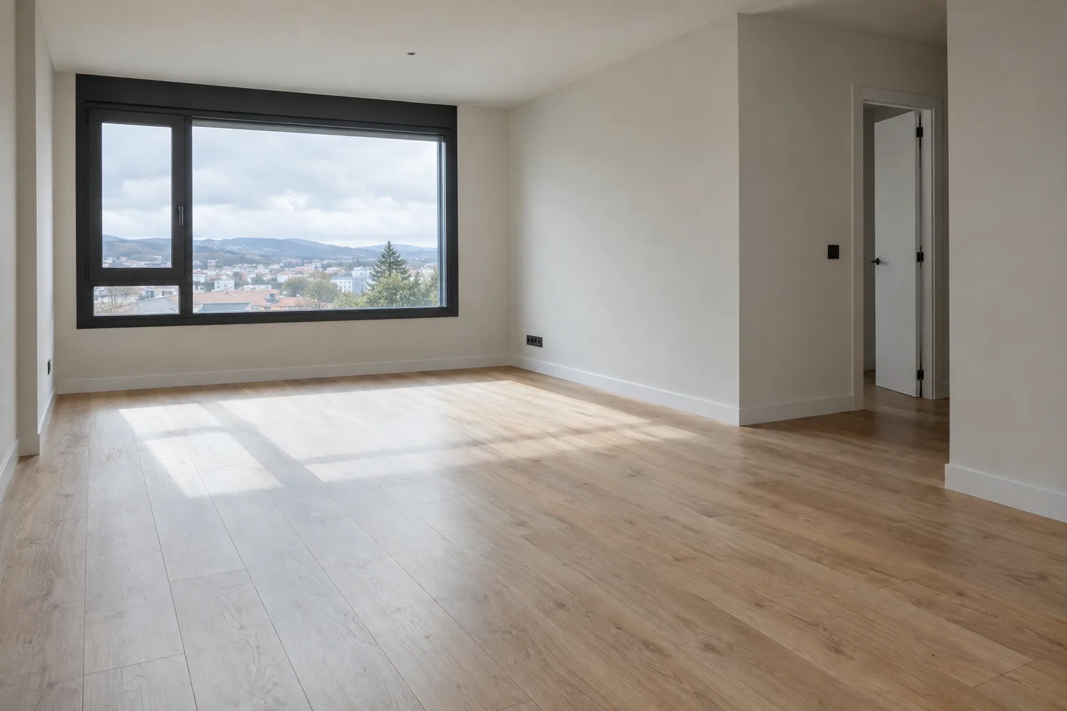 Suelo laminado de roble claro instalado en un salón vacio