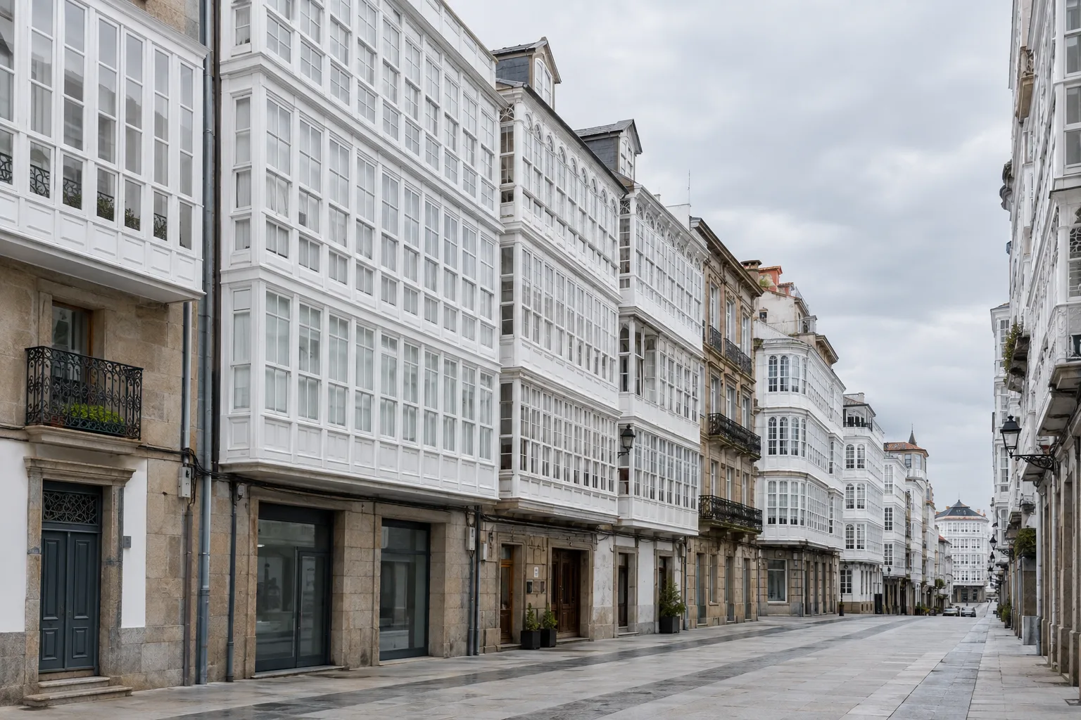 Calle de A Coruña con sus galerías acristaladas blancas